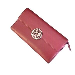 COACH "Alexandra" CranberryLeather Slim Envelope Wallet Silver Logo Snap #904